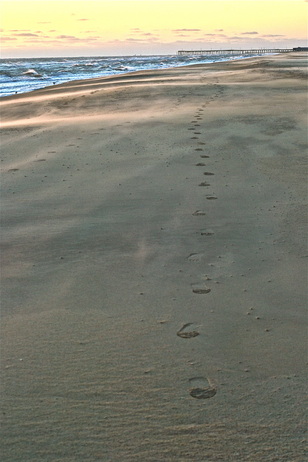 Sunset and footprints in sand, Virginia Beach