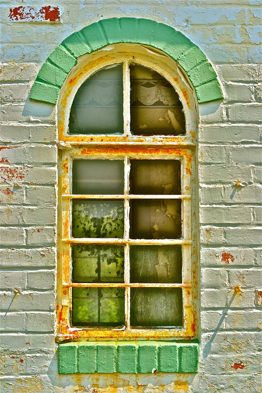 Rustic window on painted wall, Eastern Shore, Virginia
