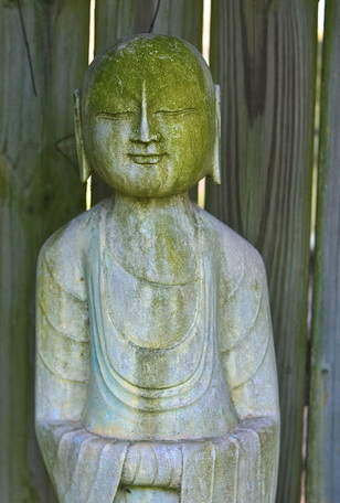 Statue of Buddha against fence